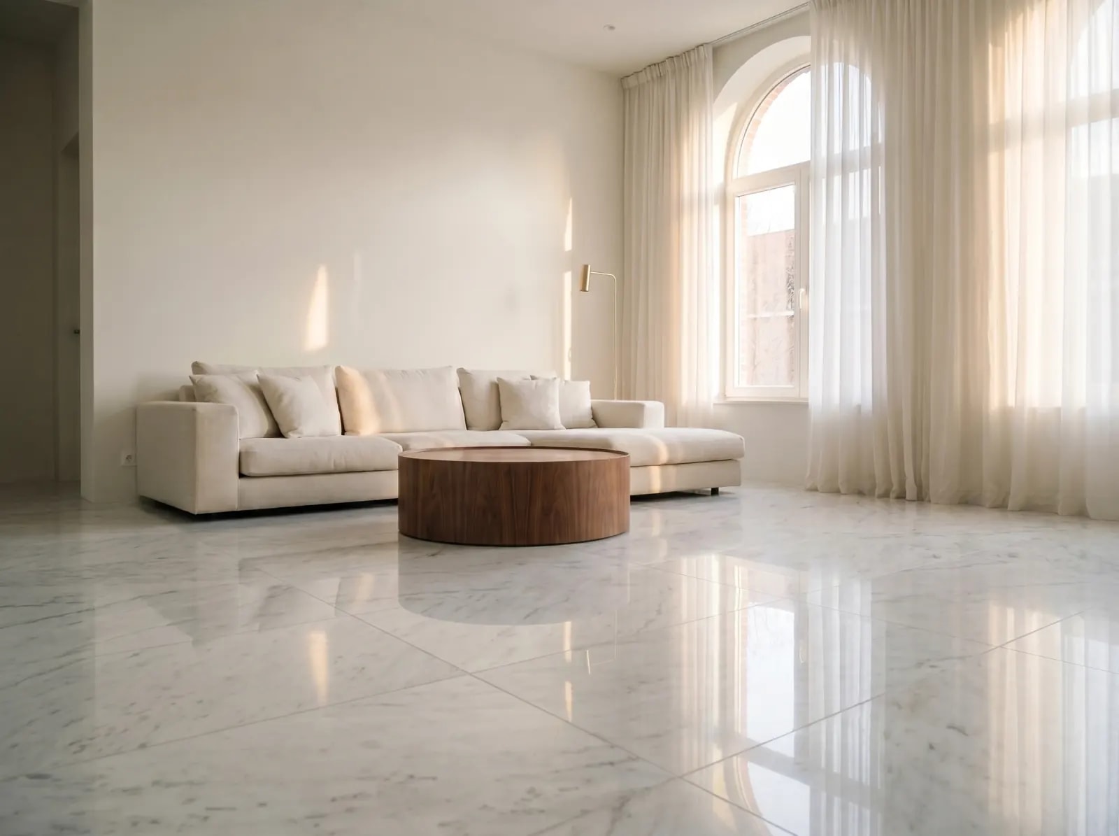 Carrara Marble flooring on a living-room photo — AI flooring visualizer with photorealistic plank seams and grain