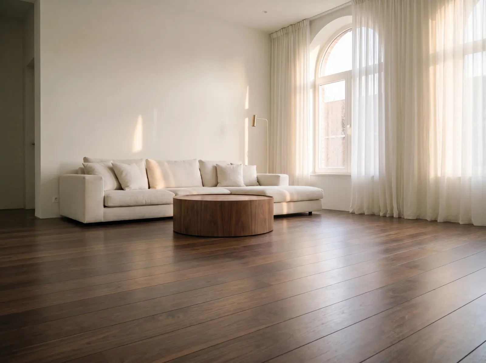 Dark Walnut flooring on a living-room photo — AI flooring visualizer with photorealistic plank seams and grain