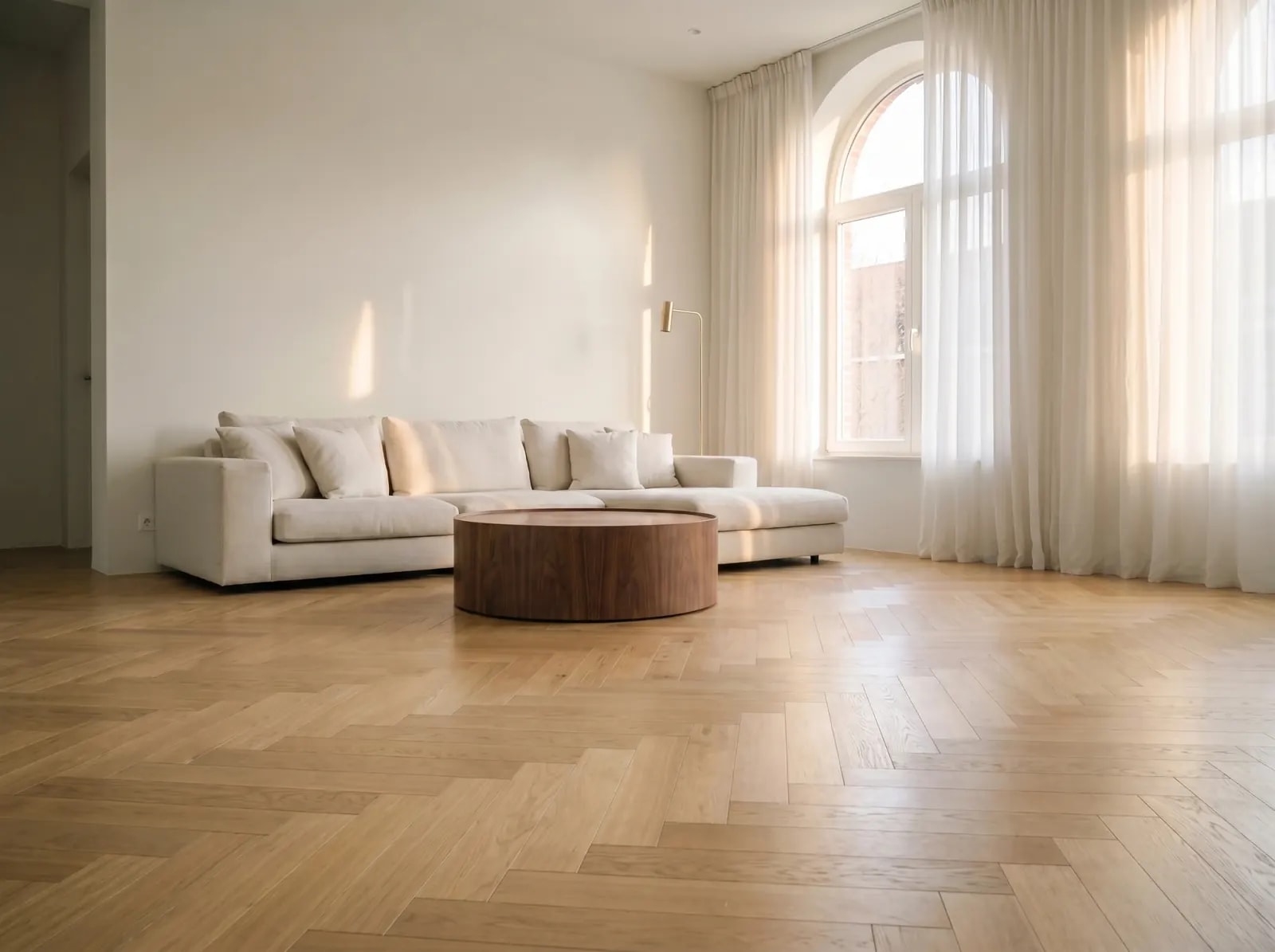 Herringbone Oak flooring on a living-room photo — AI flooring visualizer with photorealistic plank seams and grain