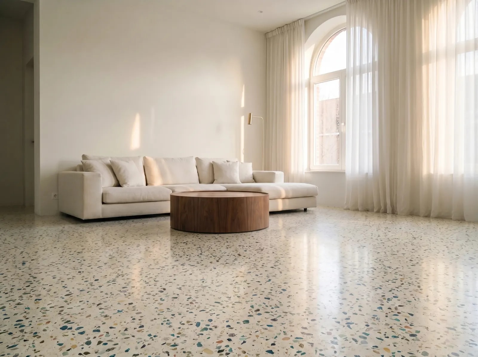 Honed Terrazzo flooring on a living-room photo — AI flooring visualizer with photorealistic plank seams and grain