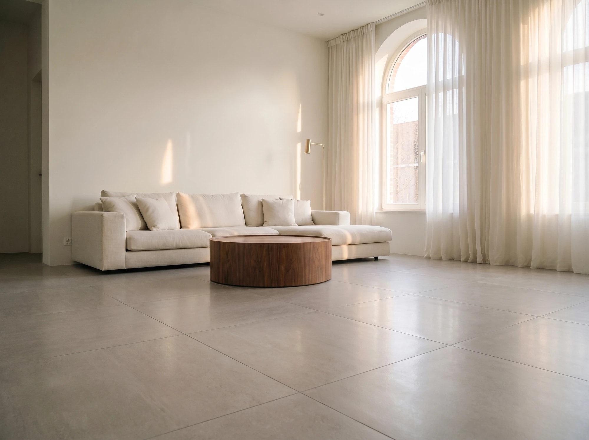 Large-Format Porcelain flooring on a living-room photo — AI flooring visualizer with photorealistic plank seams and grain