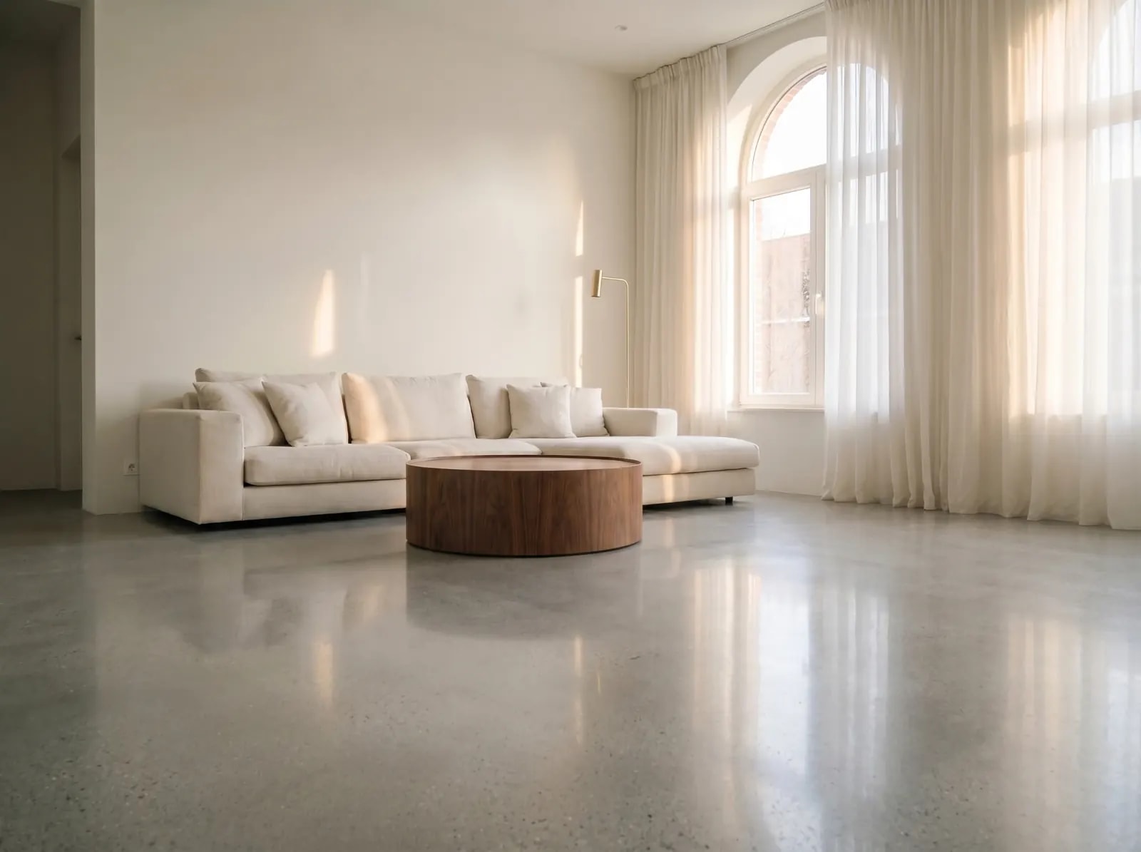 Polished Concrete flooring on a living-room photo — AI flooring visualizer with photorealistic plank seams and grain
