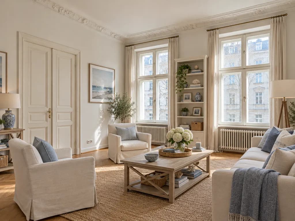 The same room furnished in Coastal style
