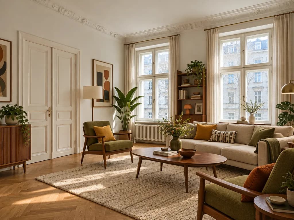 The same room furnished in Mid-century modern style