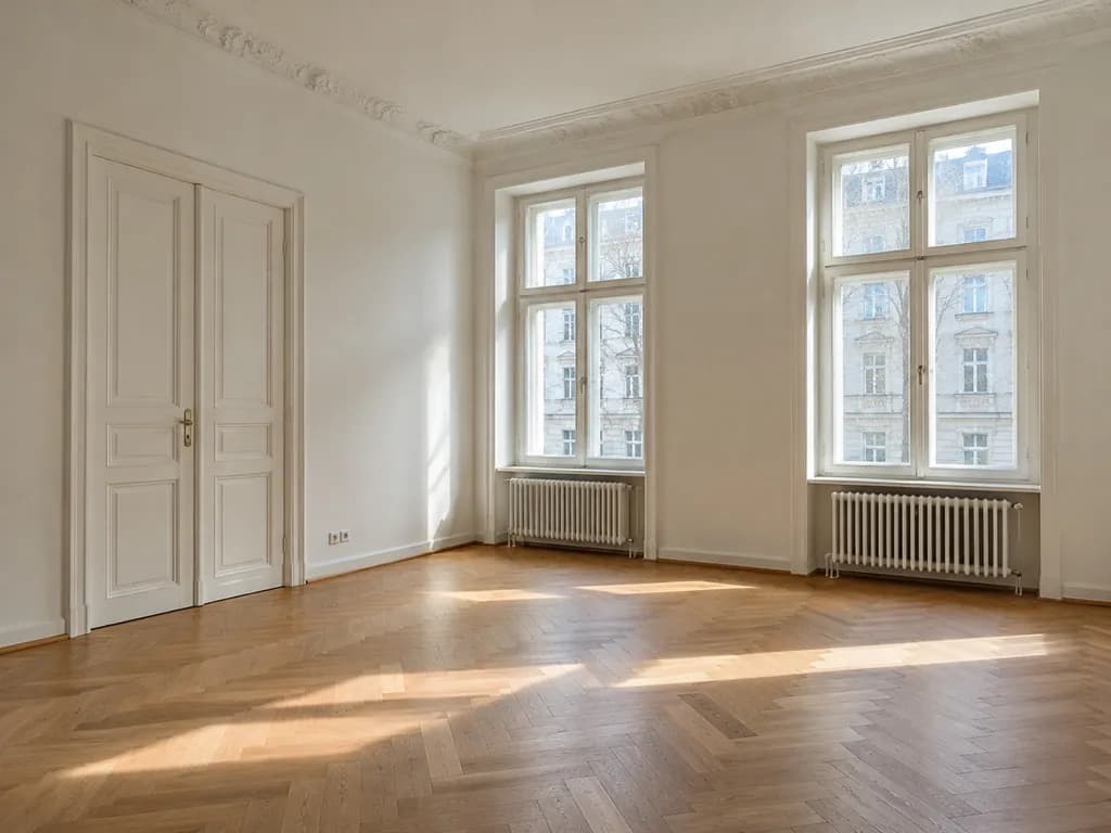 An empty living room in an old apartment with herringbone parquet and two tall windows