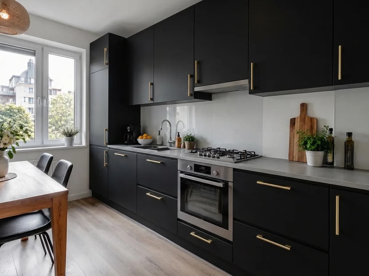 After — Matte black + brass handles