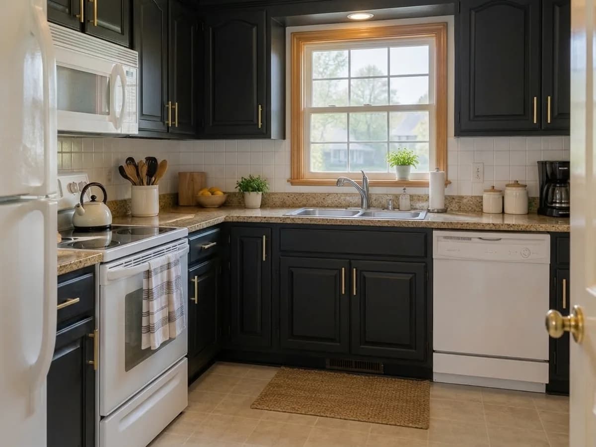 The same kitchen with the cabinet fronts in Matte black + brass handles
