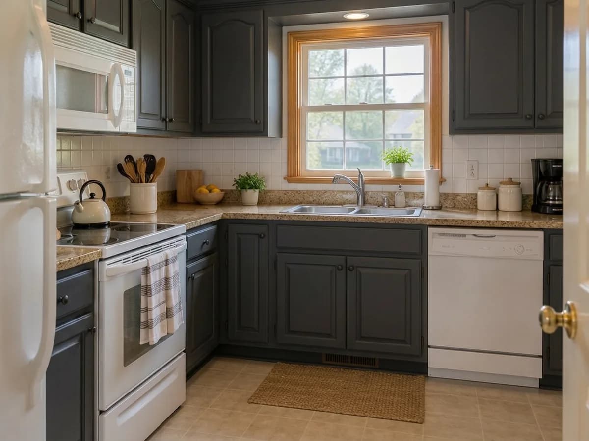 The same kitchen with the cabinet fronts in Matte graphite