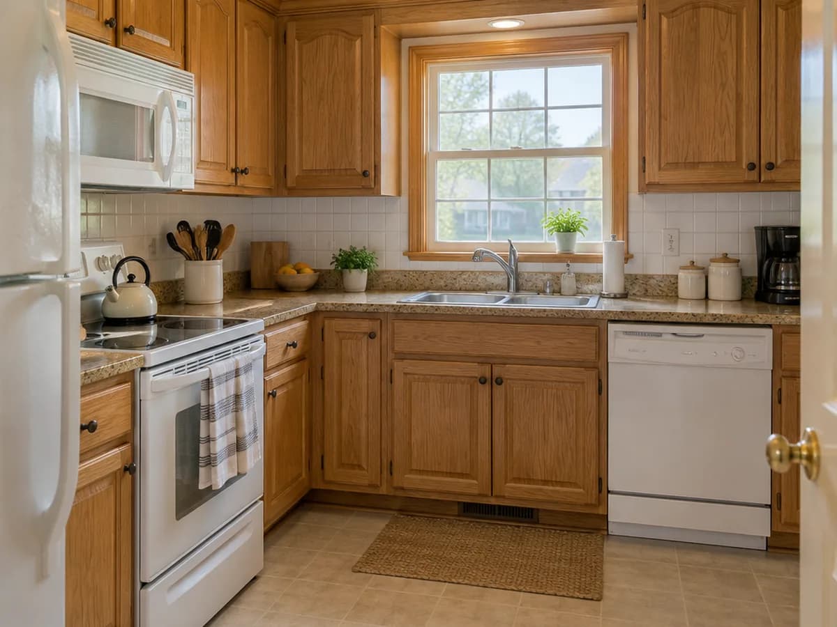 A 1990s kitchen with honey oak cabinets, a speckled granite countertop and white appliances