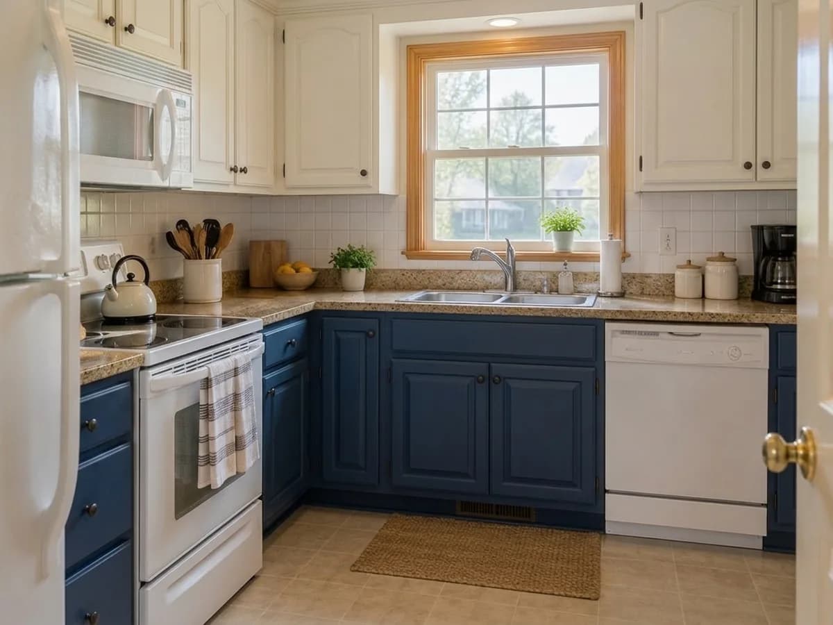 The same kitchen with the cabinet fronts in Two-tone: navy + white