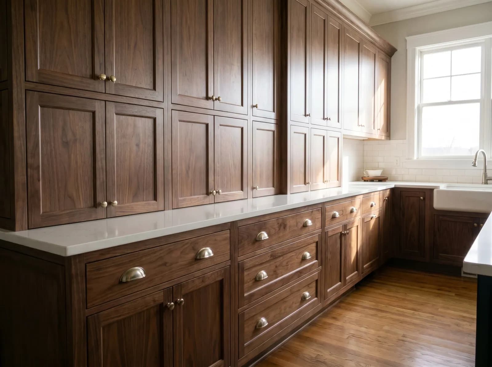 After: same room with Walnut surface — photorealistic AI material visualization