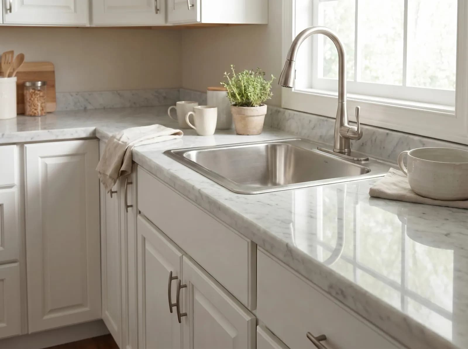 After: same room with Carrara Marble surface — photorealistic AI material visualization