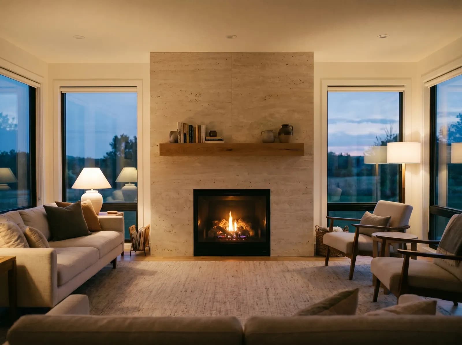 After: same room with Travertine surface — photorealistic AI material visualization