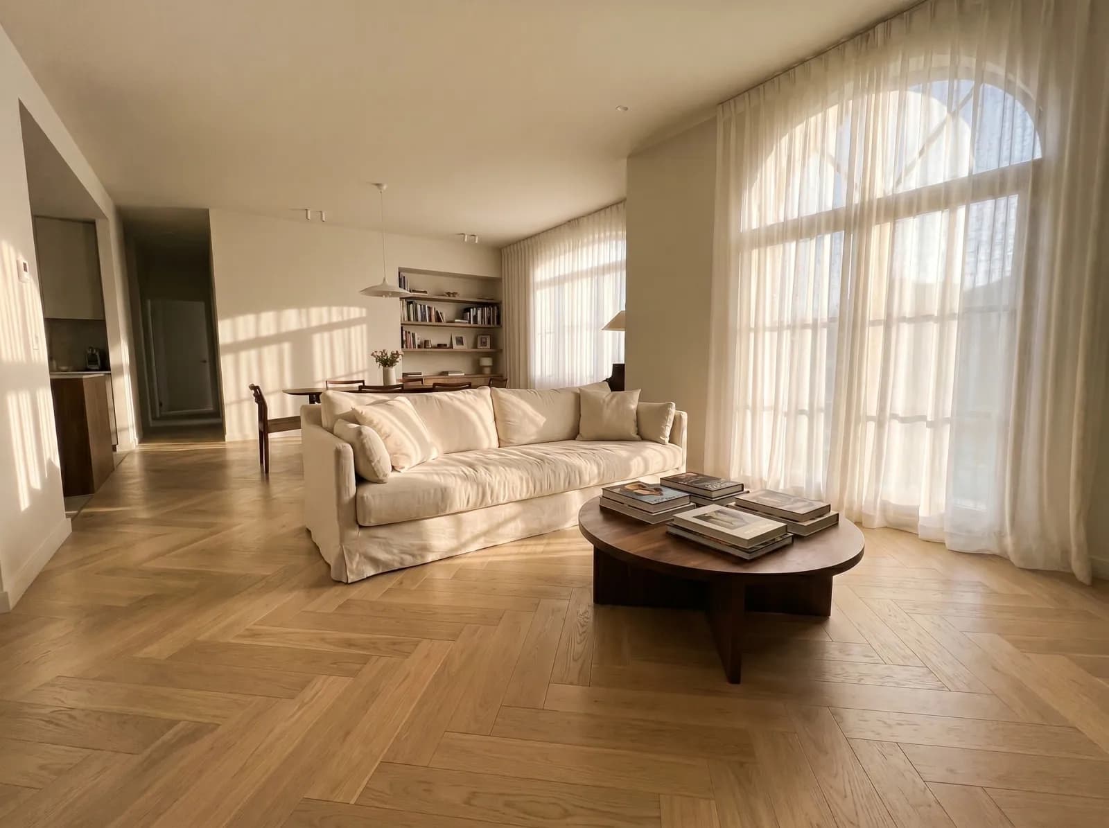 After: same room with White Oak surface — photorealistic AI material visualization