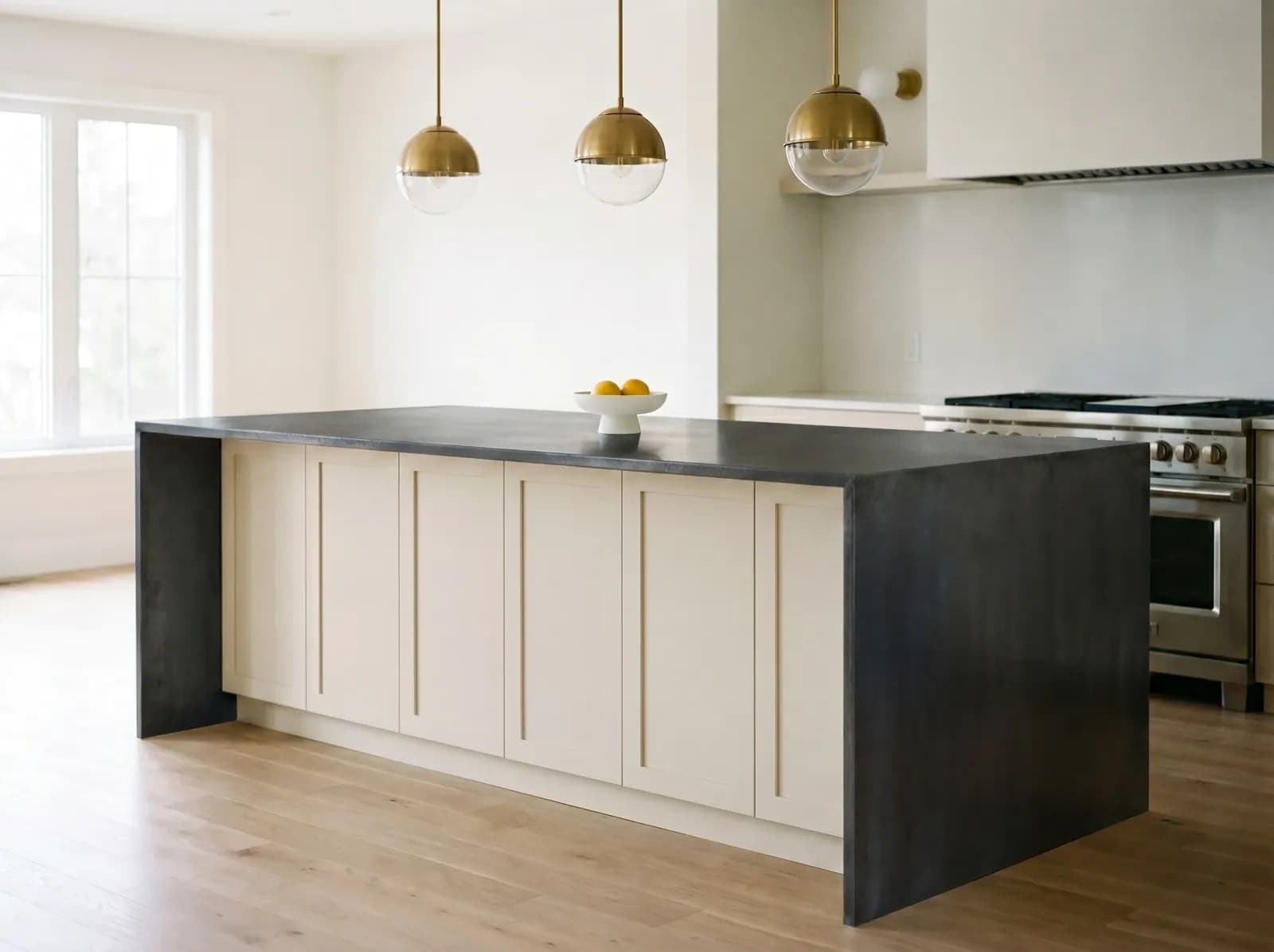 Blackened Steel kitchen island countertop — AI material swap visualization with photorealistic grain and reflections