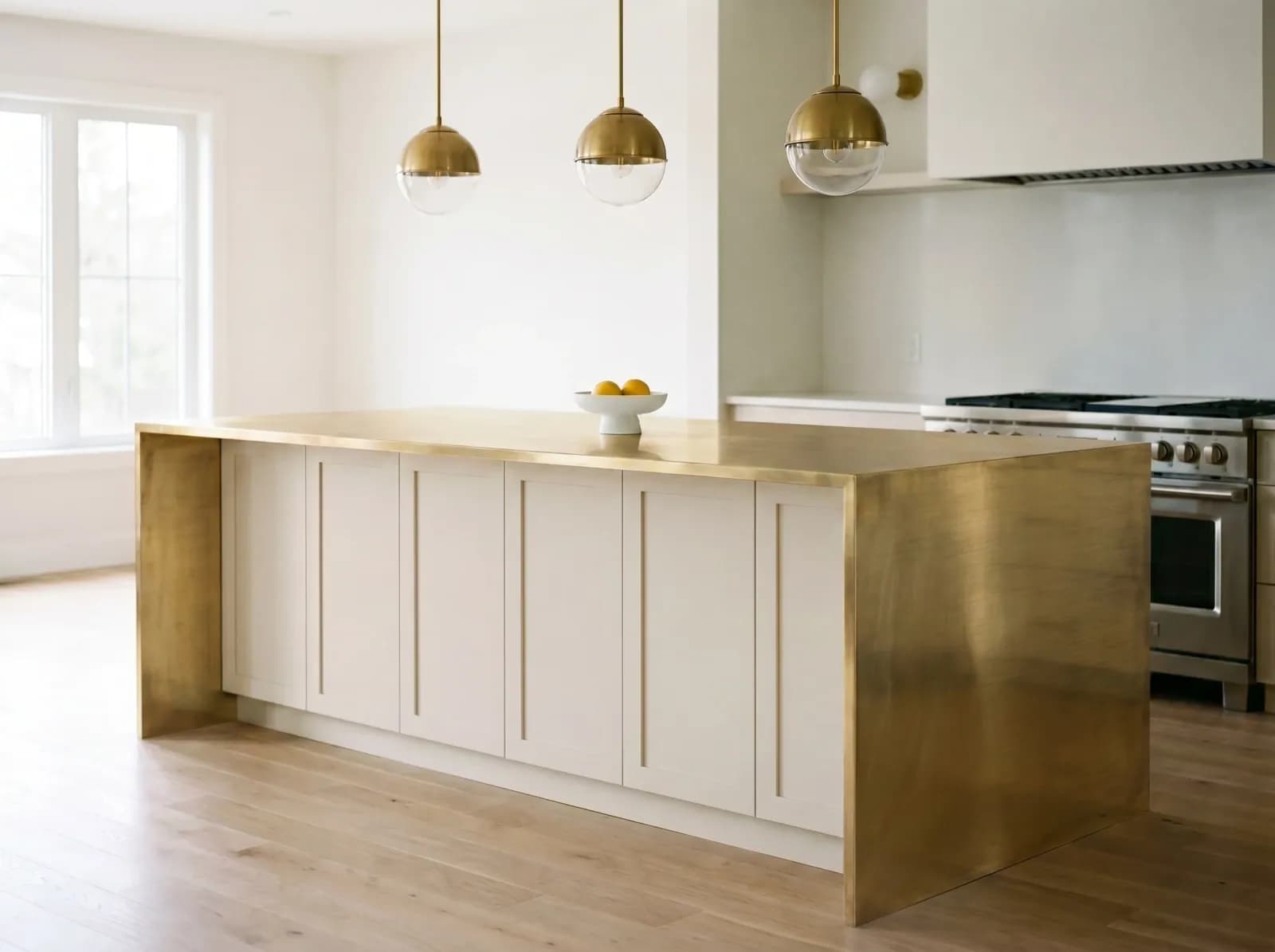 Brushed Brass kitchen island countertop — AI material swap visualization with photorealistic grain and reflections