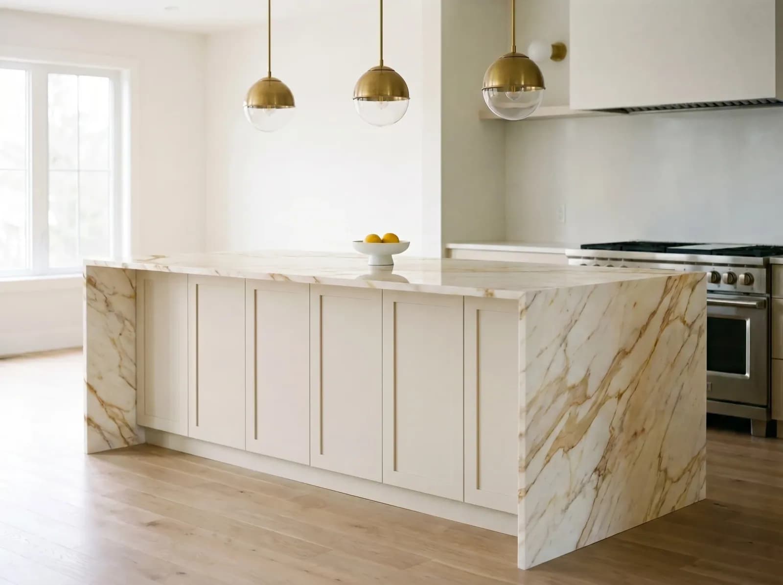 Calacatta Gold kitchen island countertop — AI material swap visualization with photorealistic grain and reflections