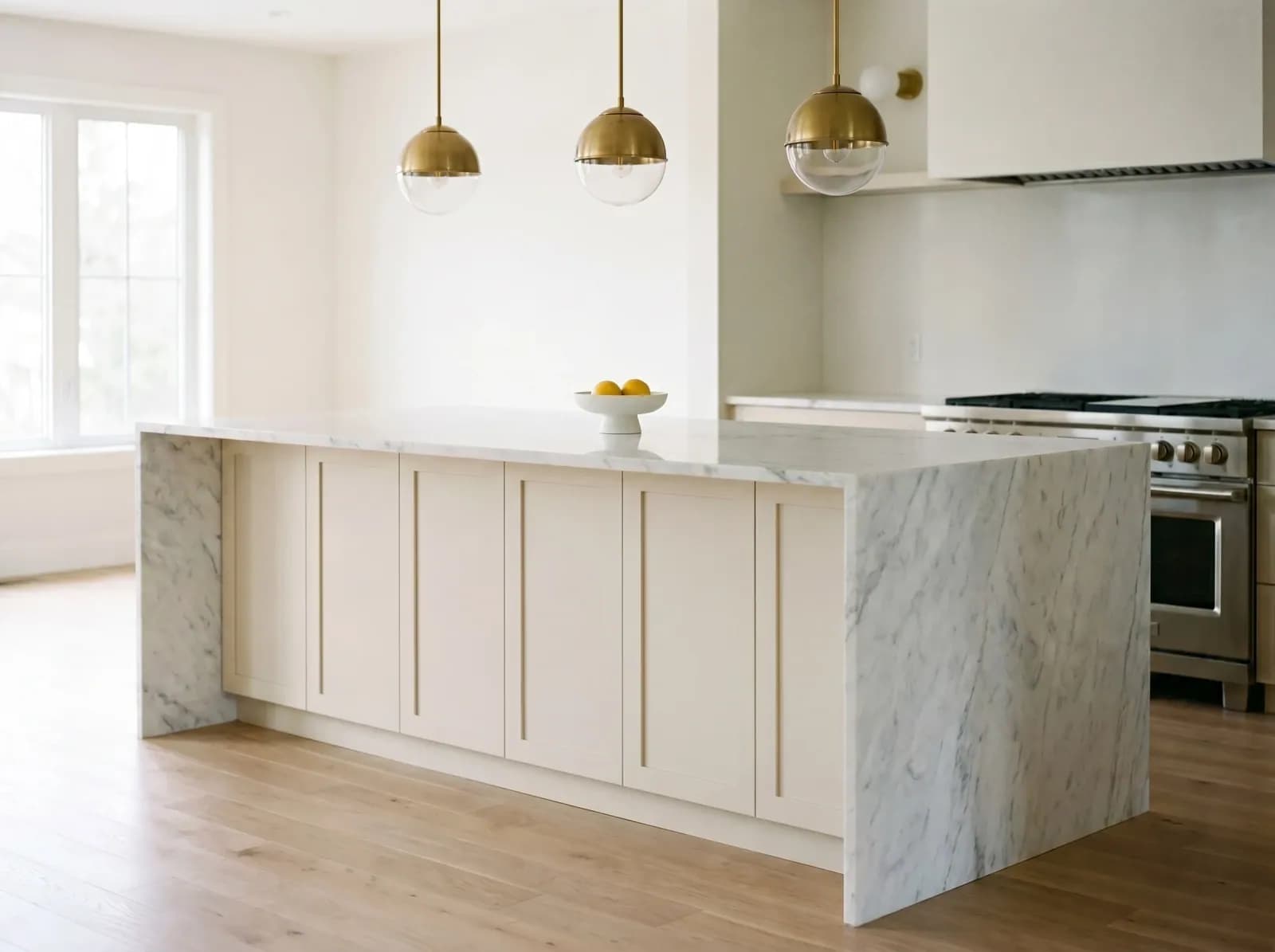 Carrara Marble kitchen island countertop — AI material swap visualization with photorealistic grain and reflections