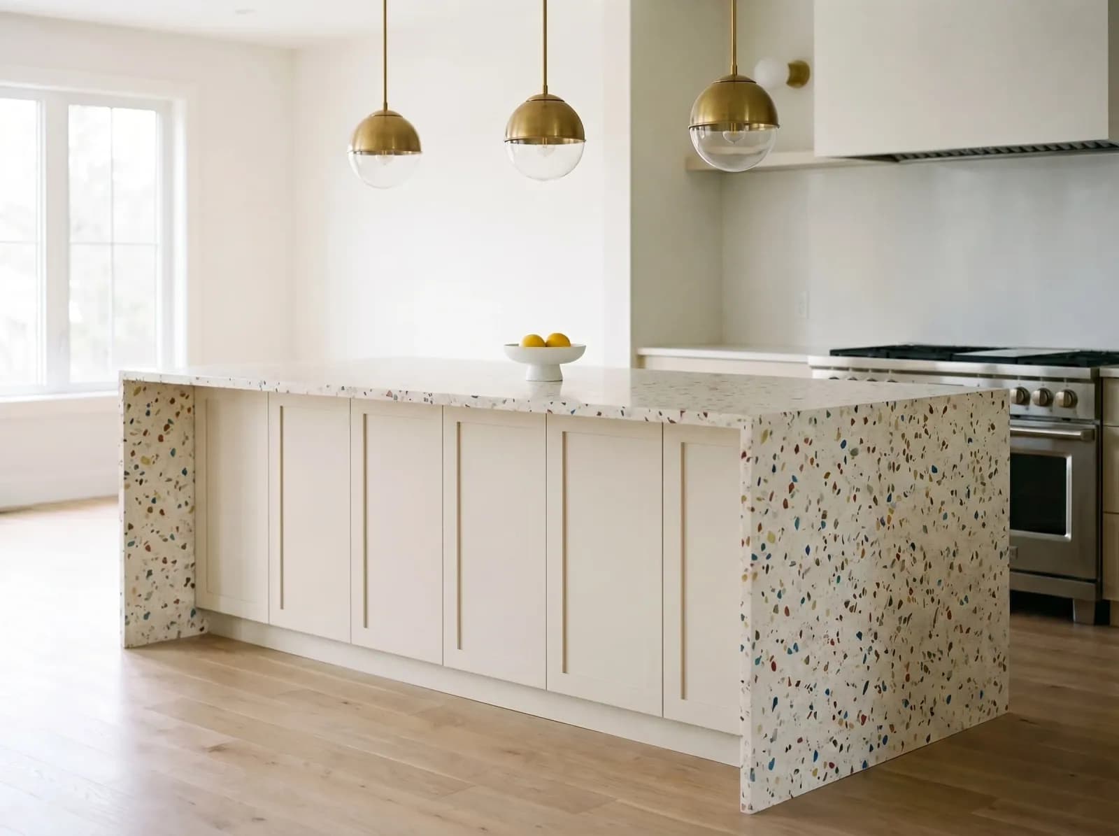 Honed Terrazzo kitchen island countertop — AI material swap visualization with photorealistic grain and reflections