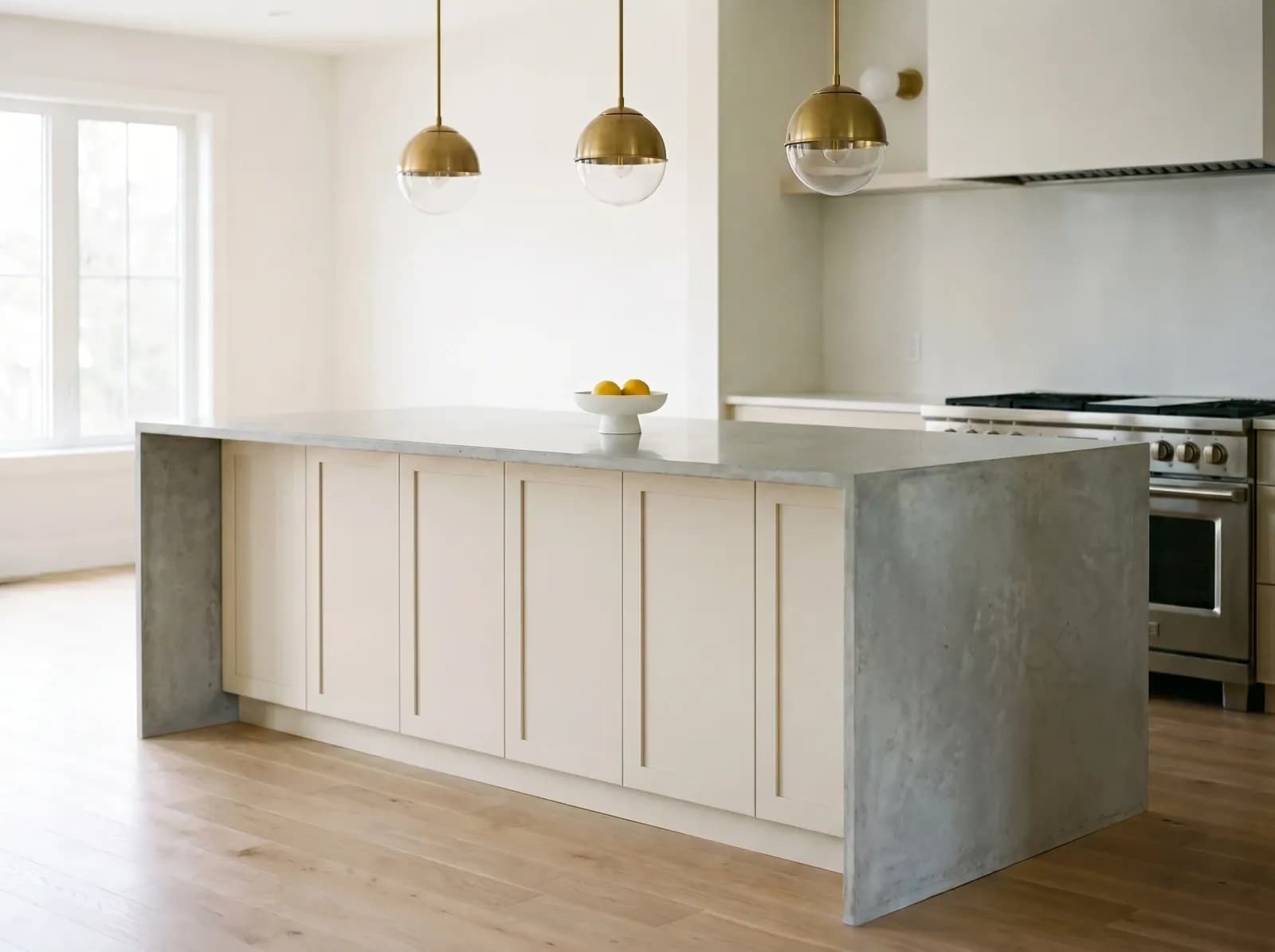Polished Concrete kitchen island countertop — AI material swap visualization with photorealistic grain and reflections
