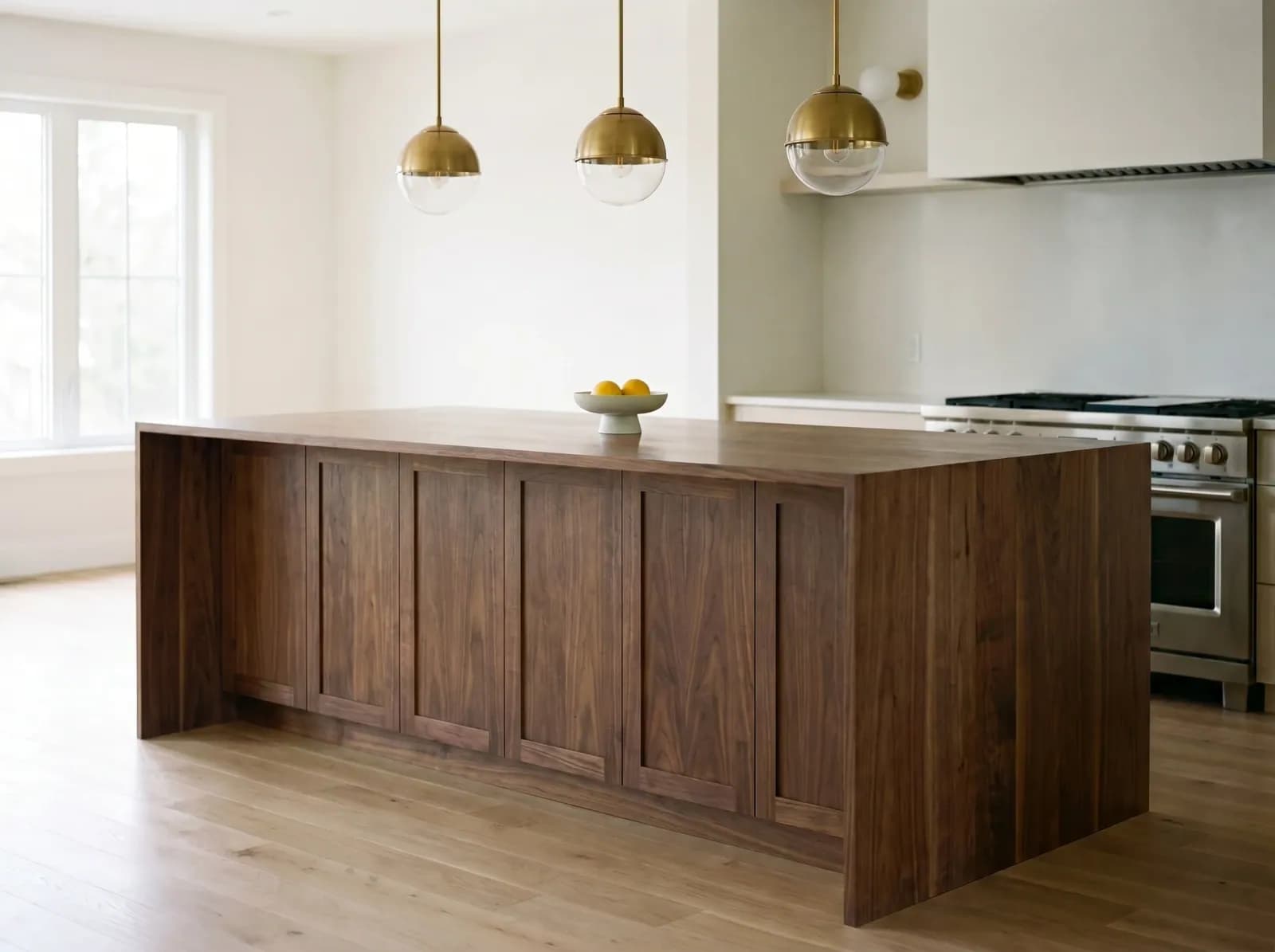 Walnut kitchen island countertop — AI material swap visualization with photorealistic grain and reflections