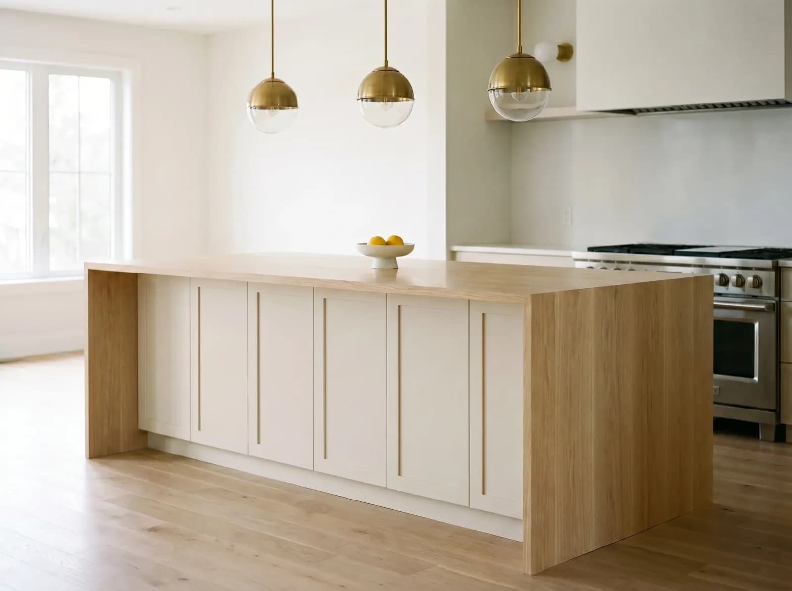 White Oak kitchen island countertop — AI material swap visualization with photorealistic grain and reflections