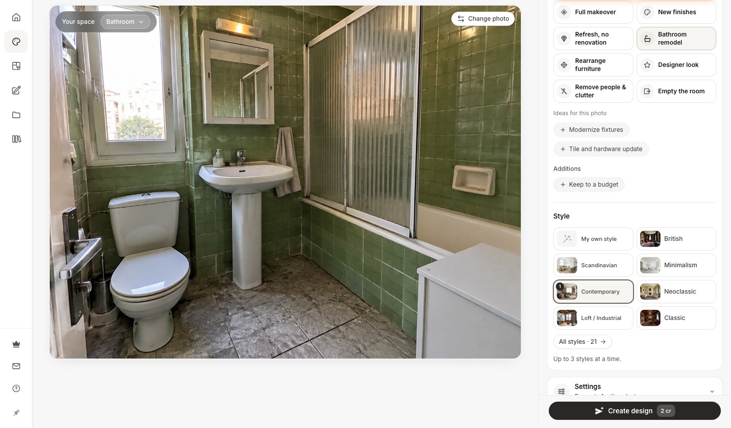 GenRoom Studio med ett gammalt badrumsfoto med grönt kakel och läget Bathroom remodel valt