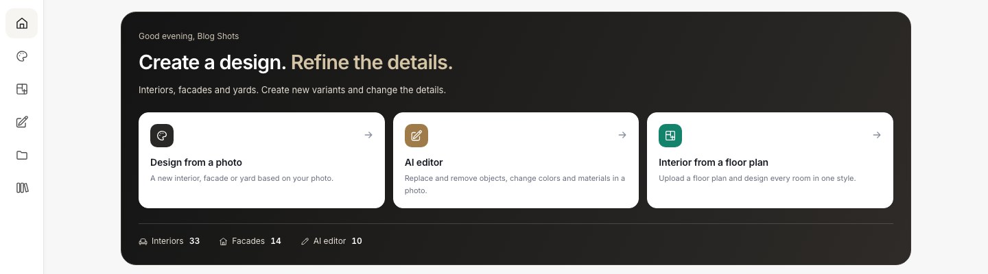 หน้าแรกของ GenRoom Studio พร้อมเครื่องมือสามอย่าง: ออกแบบจากรูปถ่าย, AI editor และตกแต่งภายในจากแปลนพื้น