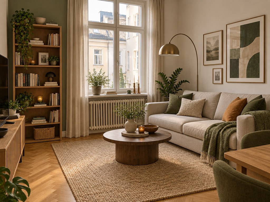 Same apartment living room restyled: linen sofa, round wood table, jute rug, gallery wall