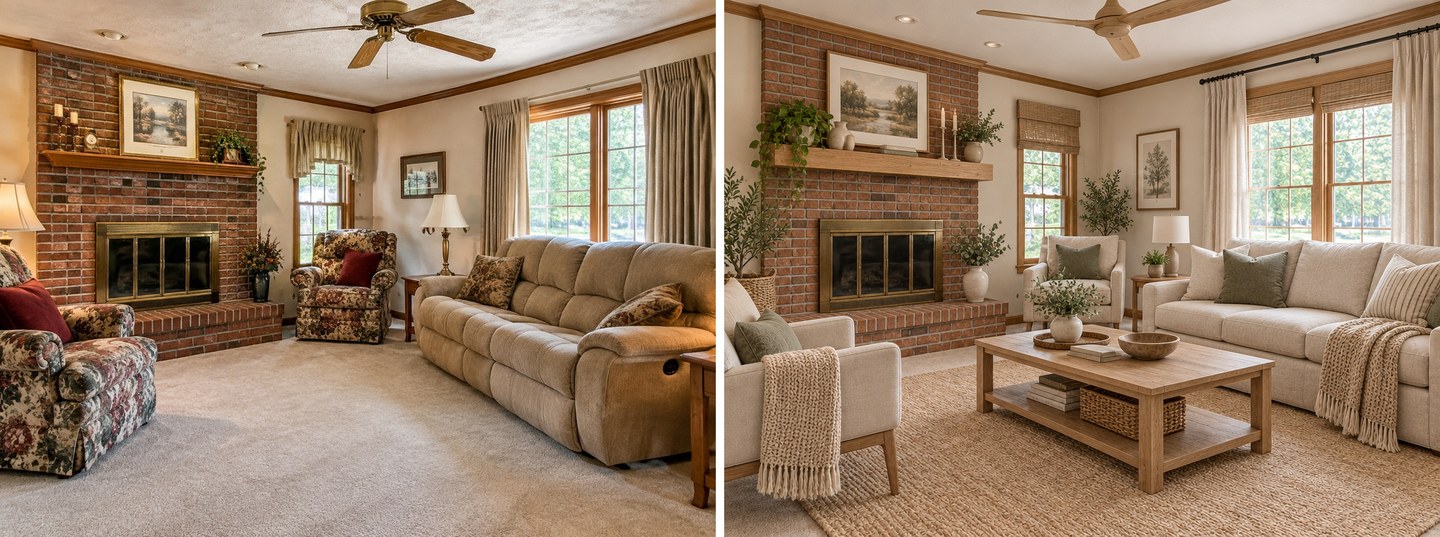 Before and after: 1990s family room redone in Scandinavian style, brick fireplace kept