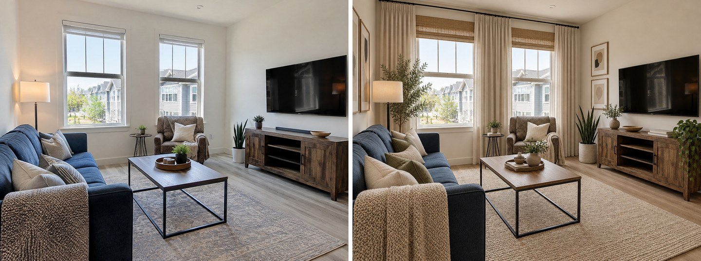 Önce ve sonra: Designer look aynı mobilyaların etrafına perde, panjur, bitki, tablo ve halı ekledi