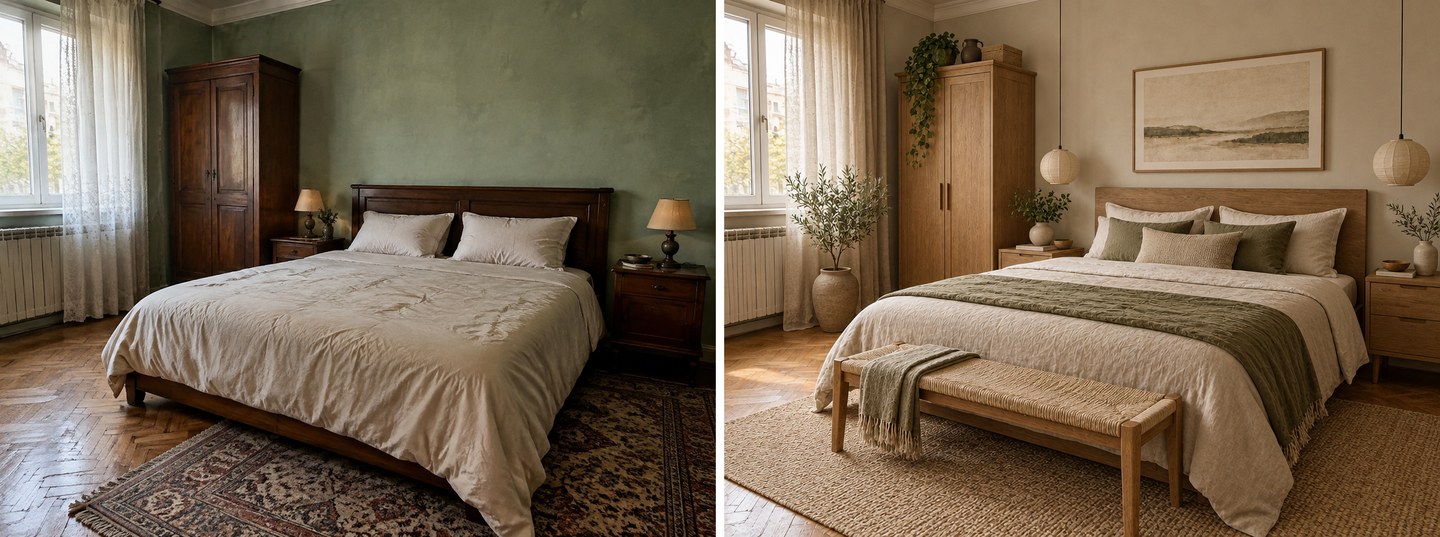 Before and after: same bedroom in Japandi style: light oak bed and wardrobe, paper pendants, jute rug, sage bedding