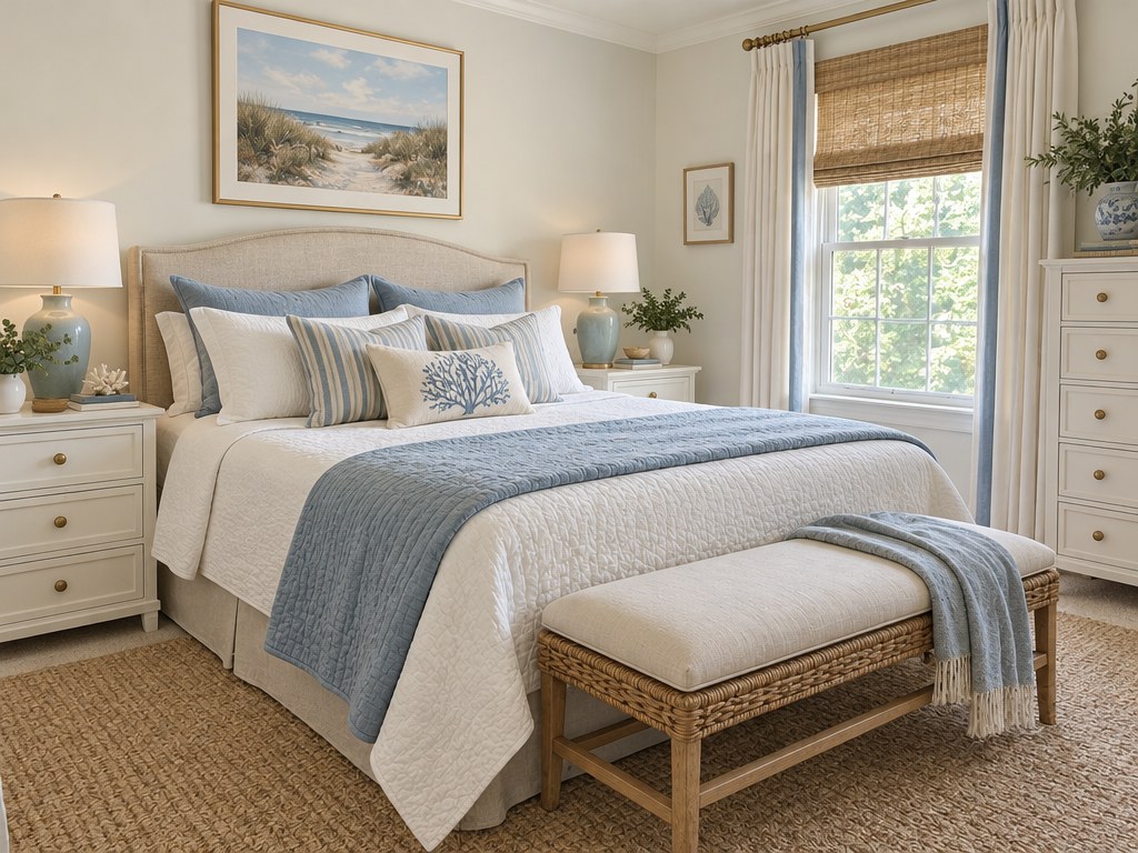Same bedroom in coastal style: white upholstered bed, blue and white bedding, rattan bench, sea print