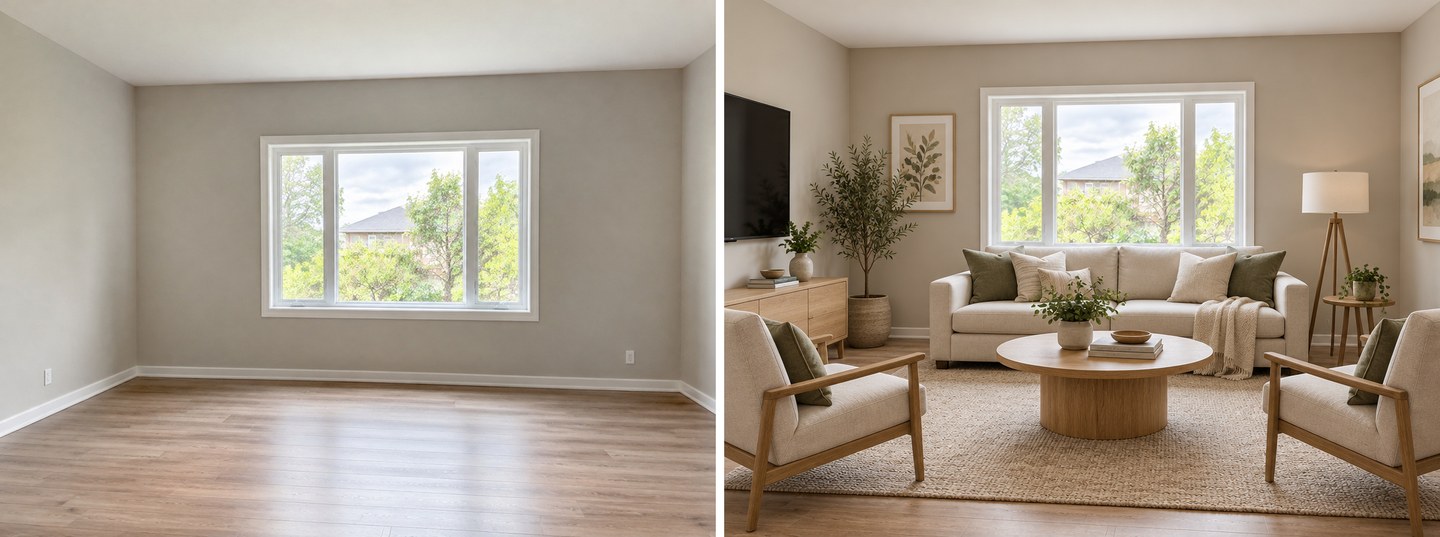 Vorher und nachher: derselbe leere Raum im skandinavischen Stil eingerichtet: cremefarbenes Sofa, Sessel, runder Eichentisch, Jute-Teppich