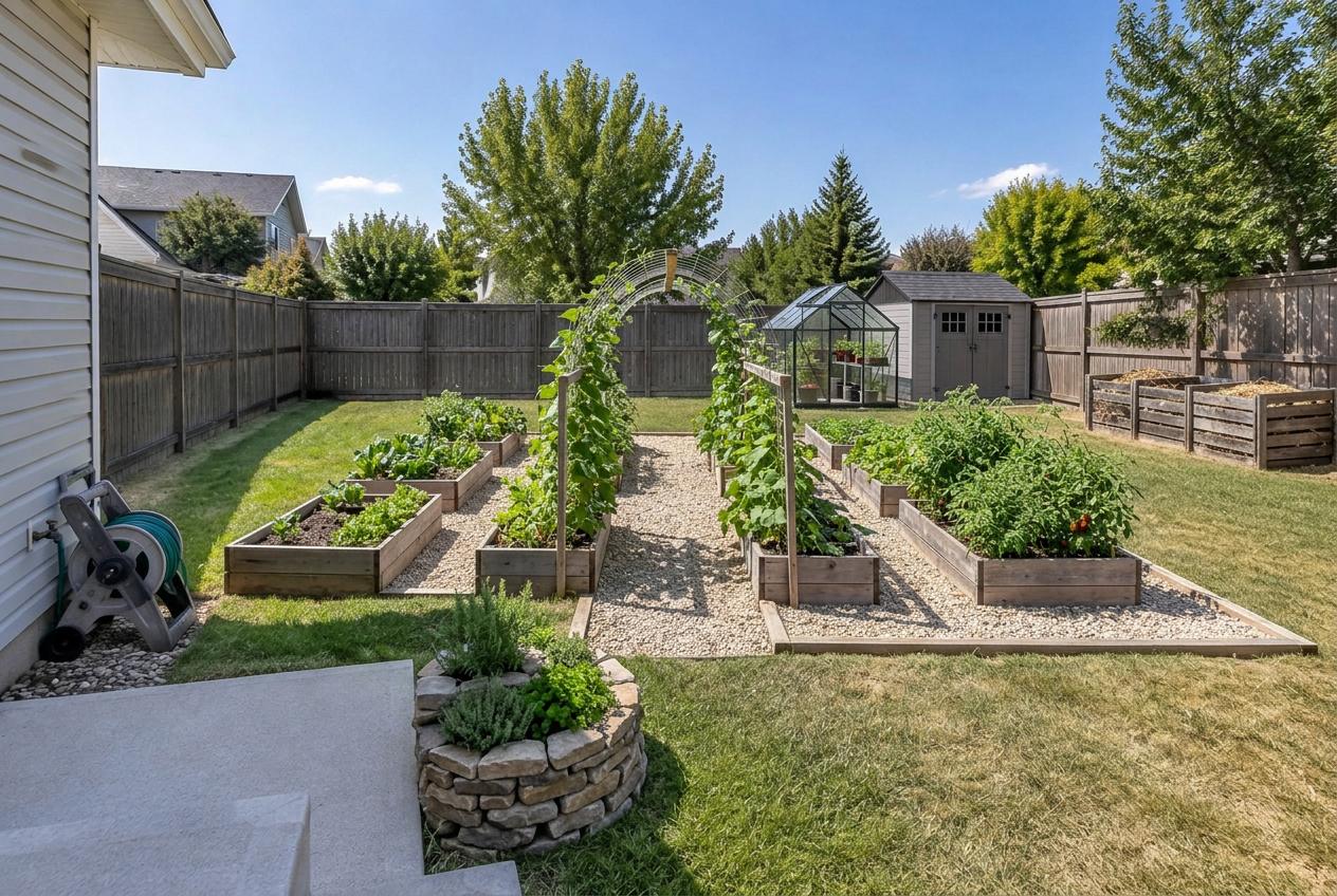 Vegetable Garden Layout Ideas: Plan Raised Beds on a Yard Photo