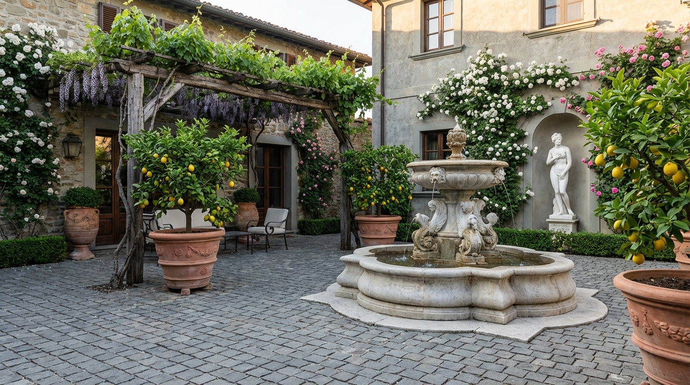 Italian Courtyard style landscape design — example | GenRoom
